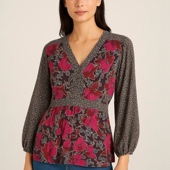 Anthropologie Tops - Anthro Edme & Esyllte Silk Floral V-Neck Long Sleeve Top Size 0 XS Bohemian